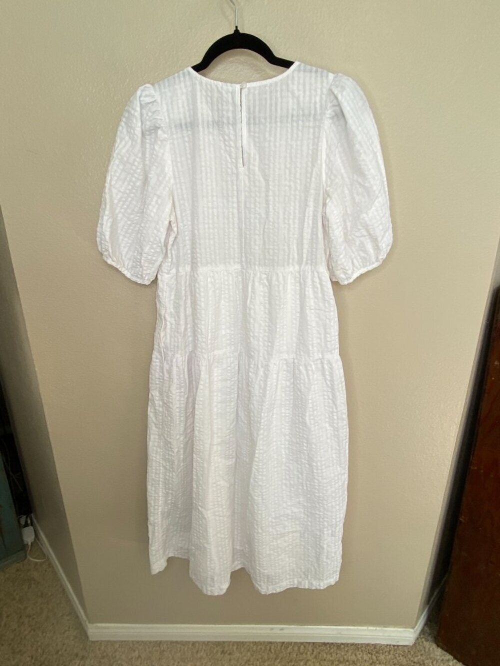 Old Navy Womens White Tiered Midi Dress M Puff Sleeve Cotton Blend Pullover - Picture 3 of 7
